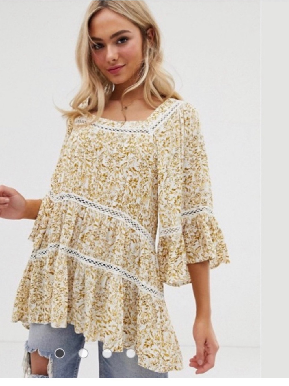 Free People Yellow Floral Lace-Trim Tiered Peasant Top